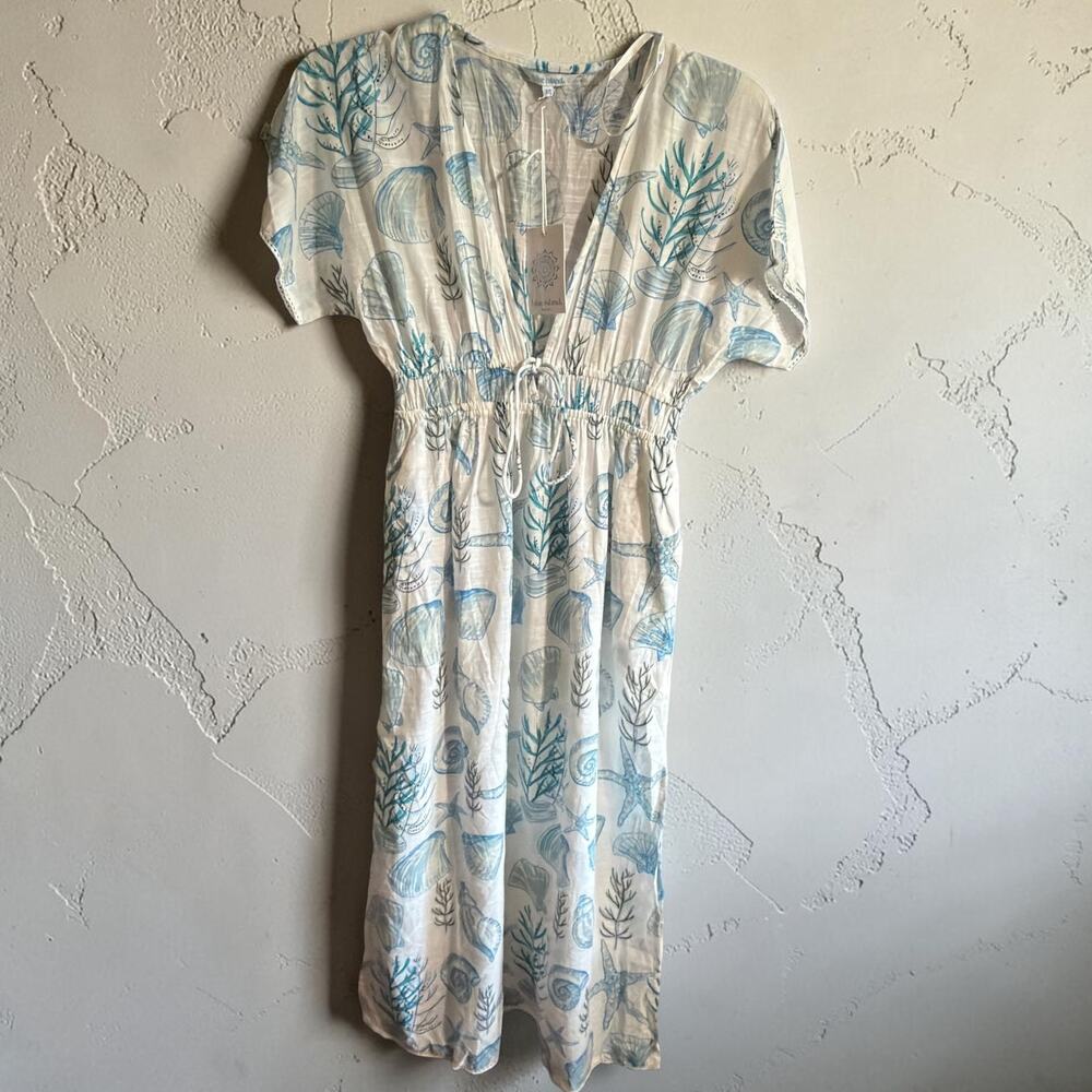 Blue Island Beach Cover Up Dress XS 100% Cotton Seashell Print White Blue